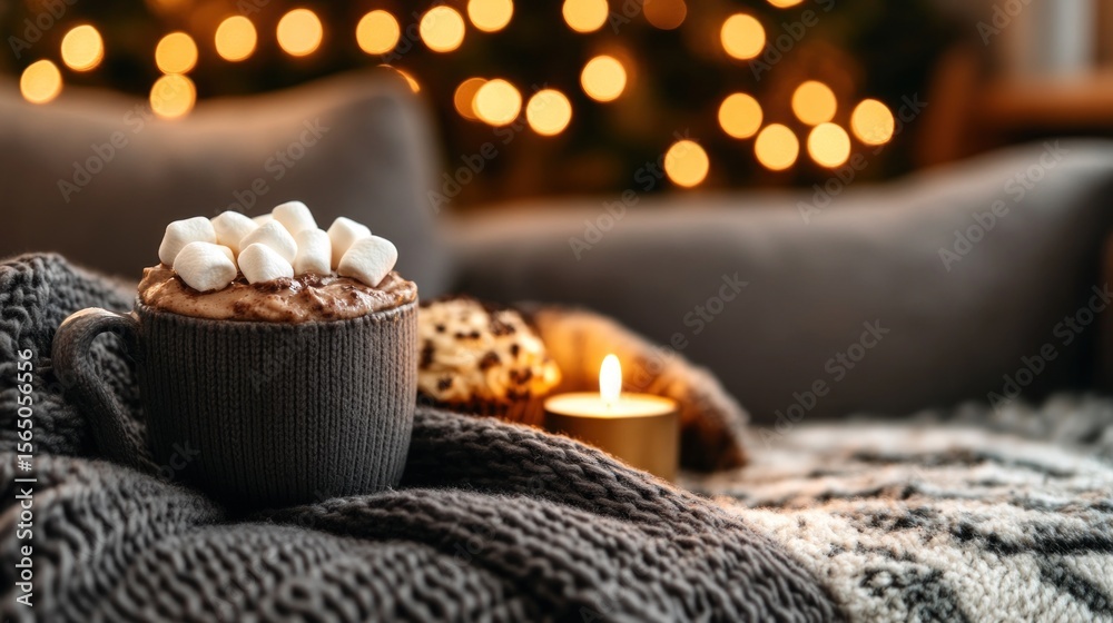 Cozy Winter Warmth: Hot Chocolate with Marshmallows, Knitted Comfort, and Soft Lighting Cozy Winter Warmth: Hot Chocolate with Marshmallows, Knitted Comfort, and Soft Lighting