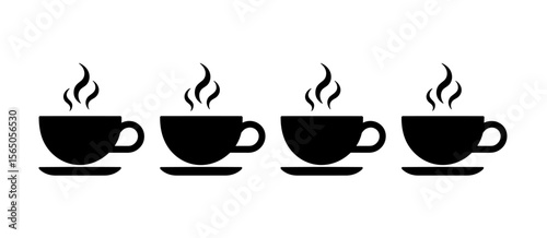 Four cups of hot beverage with steam, breakfast drink concept, caffeine, morning