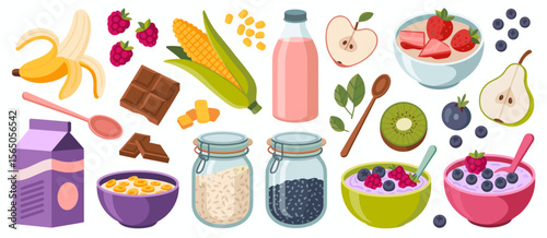 Healthy breakfast food vector set: fruits, cereal, milk, and grains