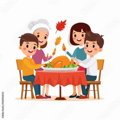 Thanksgiving Family Feast: A vibrant depiction of a heartwarming Thanksgiving scene, illustrating a family gathered around a table laden with a roasted turkey, pumpkins and other delicacies.