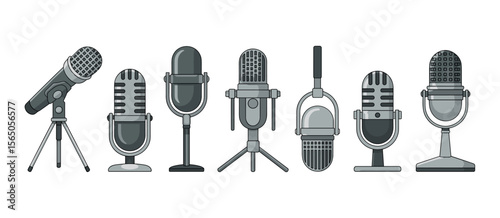 Set of stylized retro microphones illustrations for podcasting and recording