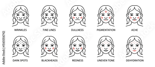 Skin problems illustration set: wrinkles, fine lines, dullness, acne, dark spots.