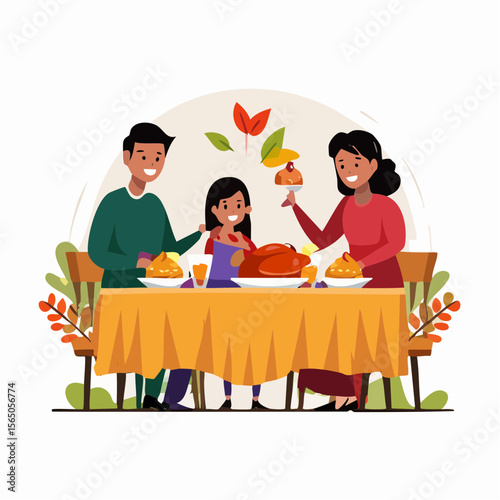 Family's Thanksgiving feast: Captured illustration depicting a cheerful family's thanksgiving dinner, laden with traditional dishes and symbols of gratitude.