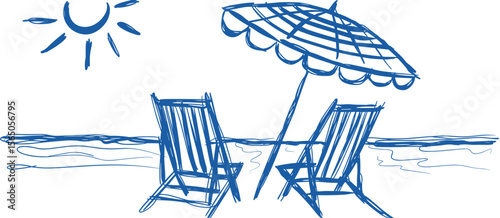 Beach scene sketch with two chairs, sun, umbrella, relaxation, travel
