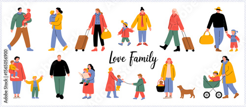 Vector illustration of diverse families with kids and activities, love family concept