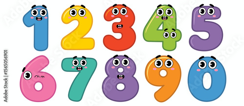 Cartoon numbers, colorful, cute figures from 0 to 9, education concept, childish