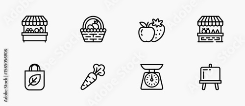 Farmer's market icons: food stand, fresh produce, shopping bag, weighing scale line art