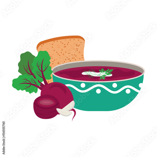 Beetroot soup or borscht with sour cream, a piece of bread and greens in a plate