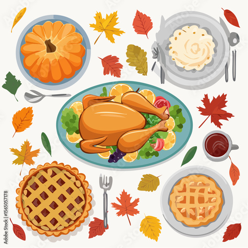 Thanksgiving Feast: A vibrant and appetizing depiction of a Thanksgiving feast, complete with a roasted turkey, pumpkin, pie, and other delicious elements.