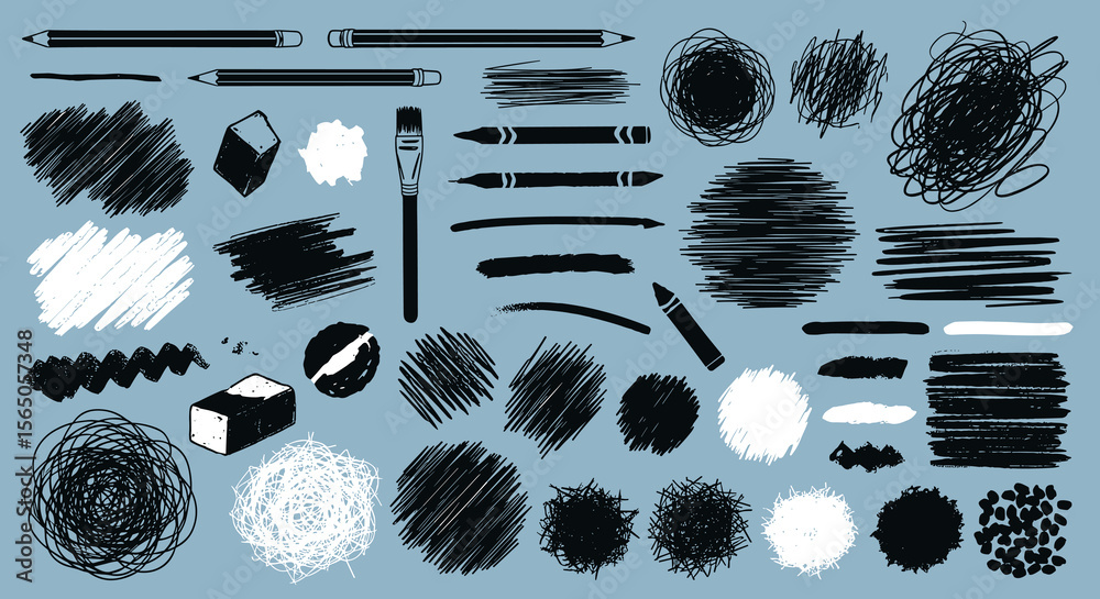 Drawing sketch elements: pencils, erasers, crayons, scribbles, strokes, doodles, textures