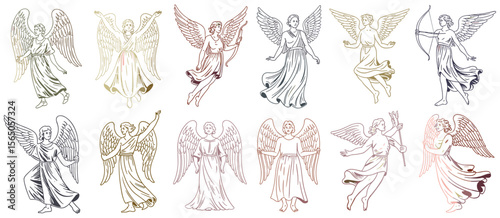 Angels, winged figures, line art, drawing, religious, heavenly, fantasy, mythical, illustration, mythology