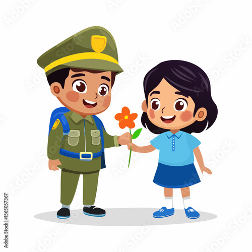 Child Giving Flower to Policeman: A cheerful illustration of a schoolgirl presenting a vibrant flower to a friendly policeman, symbolizing community connection and respect.