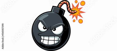 Cartoon angry bomb with burning fuse, black round bomb about to explode