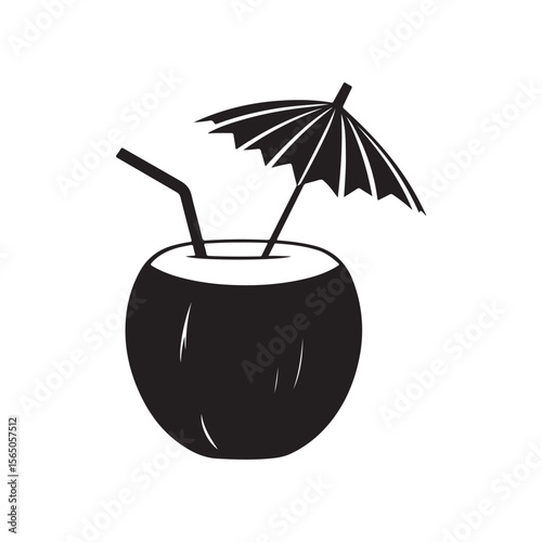 Coconut Water silhouette, Tropical Coconut Drink with Umbrella Illustration, Silhouette illustration of a tropical coconut drink with a straw and umbrella
