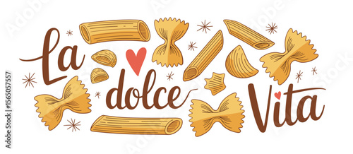 La dolce vita concept with pasta illustrations: farfalle, rigatoni, conchiglie