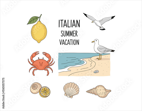 Doodle-style sketch set of Italian summer icons like lemons, crabs, and seashells in a minimalist look.

