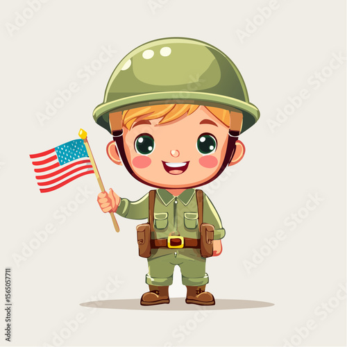 Little Patriot: A cheerful cartoon illustration of a child dressed as a soldier, proudly waving the flag of the united states. Capturing the spirit of patriotism, patriotism and national pride.