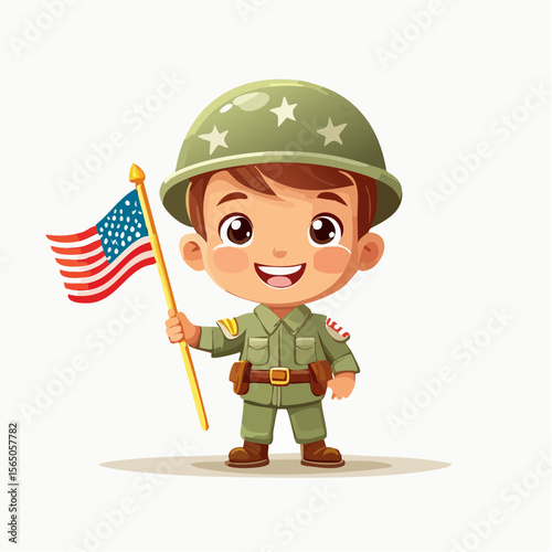 Young Patriot: A cheerful illustration depicts a young soldier proudly waving the American flag, embodying patriotism and national pride with a heartwarming smile.