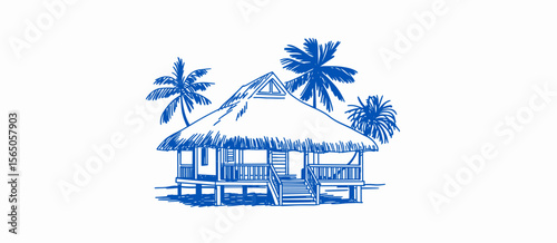 Tropical hut sketch with palm trees, travel destination, vacation drawing, blue ink