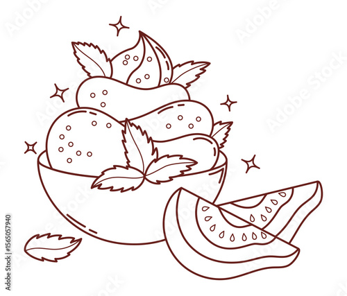 Outline Guava Creamy sweet dessert ice cream in plate with Mint and tropical fruit slices. Line drawing, coloring book. Vector Illustration. Exotic food for summer, menu design and healthy themes