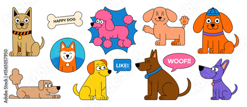 Cartoon dogs set illustration. Collection of different dog breeds and dogs' activity