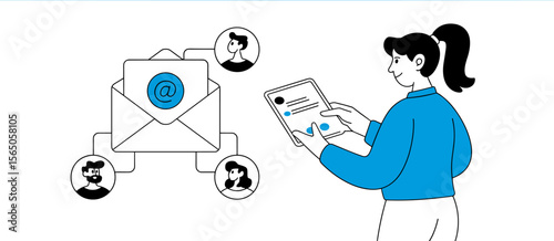 Woman in 20s checking email on tablet, connected people, communication, online, business.