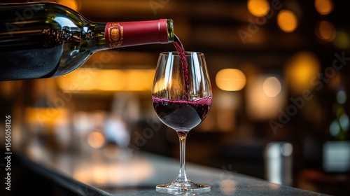 A close-up of red wine being poured from a bottle into a glass in a warm, softly lit setting.