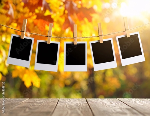 Autumn Memories Blank Photo Frames Hanging on a Clothesline Against a Vibrant Fall Foliage Background