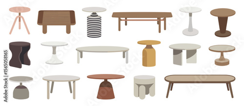 Modern furniture collection: side table, coffee table, interior decor, design, style, contemporary
