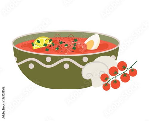 Tom yam kung Thai spicy soup. Vector illustration of traditional Asian soup. Icon, eps 10