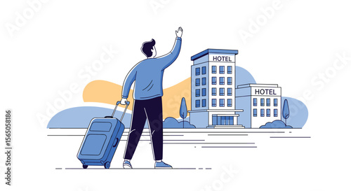 The Modern Traveler Pulling Suitcase Toward Hotels for a Vacation or Business Trip