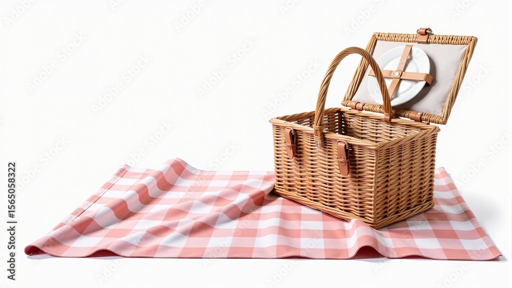 Wicker Picnic Basket and Pink Checkered Blanket Wicker Picnic Basket and Pink Checkered Blanket