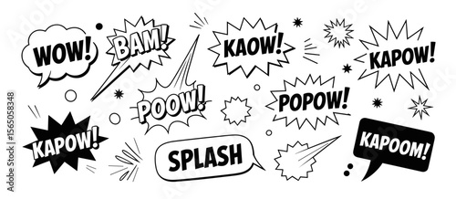 Comic book speech bubbles with wow, bam, kaow, kapow, poow, popow, splash and kapoom