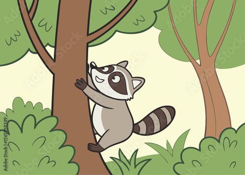 Raccoon climbing forest tree – vector illustration of wild raccoon climbing tree trunk in woodland