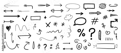 Hand drawn sketch arrows, speech bubbles, question marks, percentage, hash symbols, hearts, and other doodle elements set.