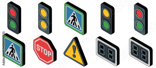 Isometric traffic signs icons set including lights, pedestrian crossing, stop sign, and countdown timer