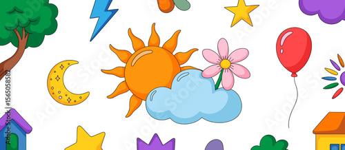 Cartoon weather icons pattern: sun, cloud, tree, moon, balloon, lightning, star, house