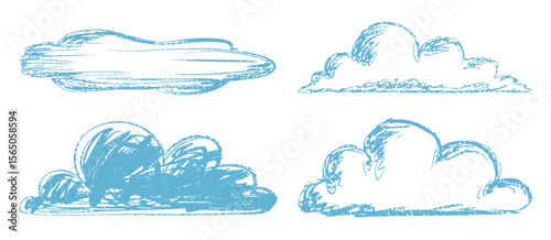 Four light blue cloud drawings, sketch art, cloudscape, pastel, sky, fluffy, weather