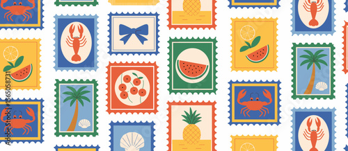 Colorful summer stamps pattern with tropical fruits, sea life, and a bow