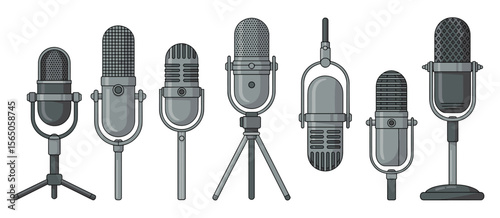 Retro microphone set, vintage audio equipment, studio microphone collection