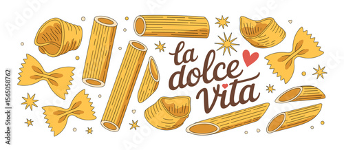 La Dolce Vita pasta pattern with rigatoni, farfalle, and shells in flat design. Italian food. Vector illustration.