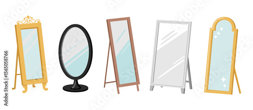 Collection of five decorative standing mirrors for dressing, bedroom, or interior design