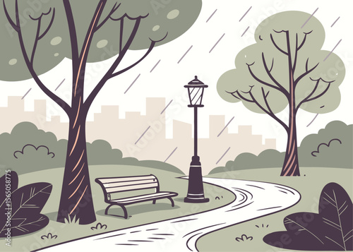 Rainy day in the park – vector illustration of empty bench under soft light with rain