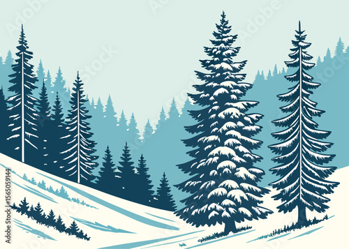 Snow-capped conifer valley – vector illustration of mountain valley with snow-covered pine trees