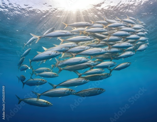 A synchronized school of fish moves in unison, resembling a dynamic living wave.
