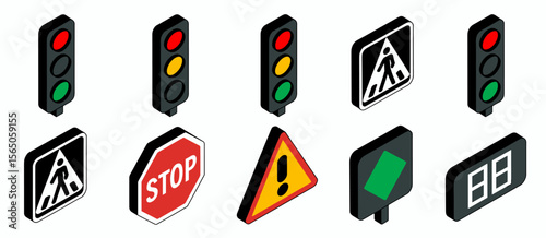 Isometric road signs: traffic light, pedestrian crossing, stop, caution, lane change