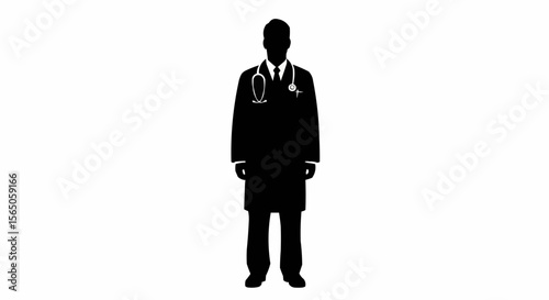 Minimalist black and white doctor silhouette – hand-drawn medical figure with stethoscope and lab coat for healthcare-themed design