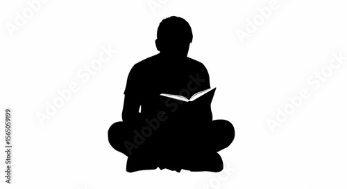 "Silhouette of Person Reading Cross-Legged | Black and White Book Lover Vector Icon"