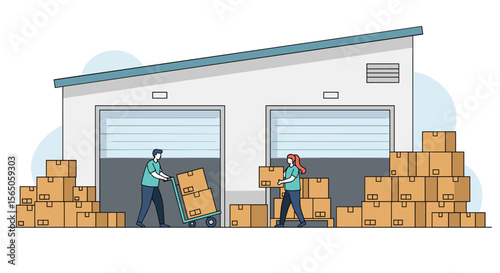 Busy Day at the Warehouse Workers Loading Boxes on Pallets and Hand Trucks