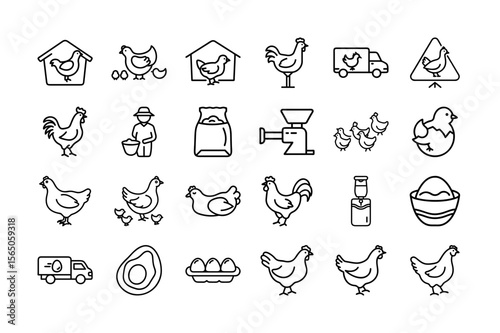 Poultry Farming Line Icon Set. Containing Chickens, Roosters, Eggs, Hatchlings, Farmhouse, Farmer, Egg Truck, Feeding, Nesting, and More. Vector Illustration. Editable Stroke.
